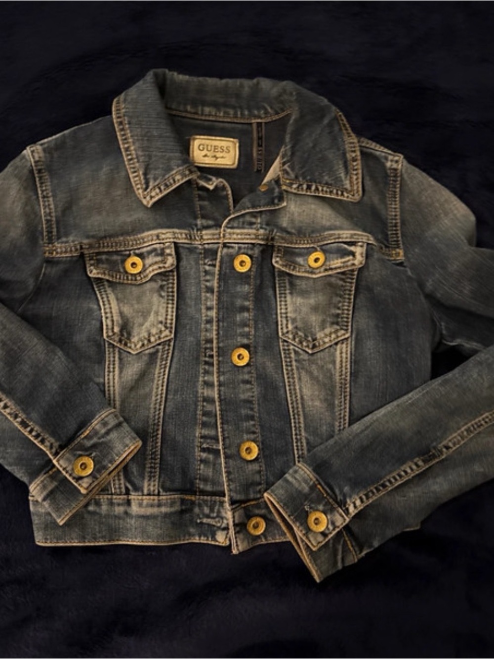 GUESS Girls' Distressed Blue Denim Jacket with Yellow Buttons